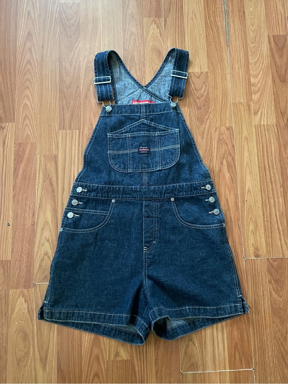 Vintage Y2K Union Bay Denim Short Overalls Dark Blue Size M Cotton Boho Casual